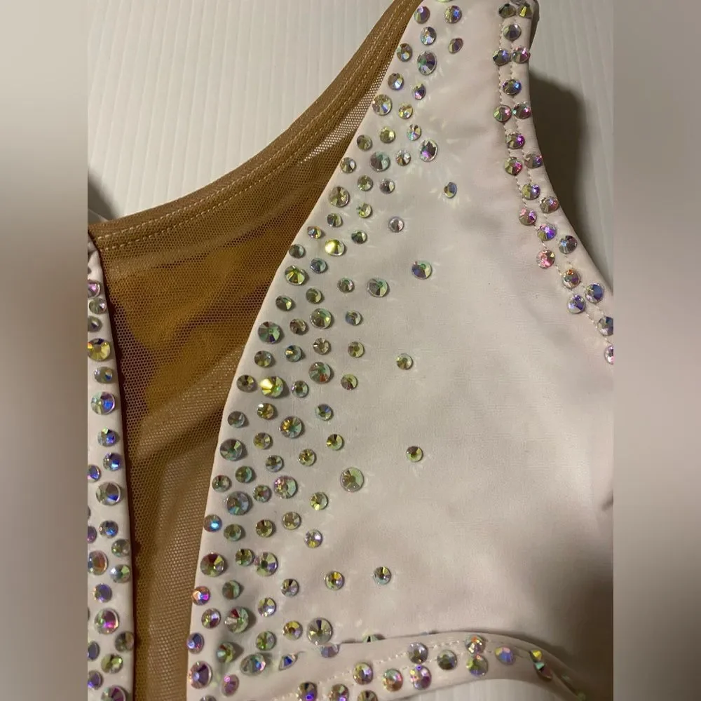 AA dance design costume solo white custom illusion clover leotard XSA XS adul
